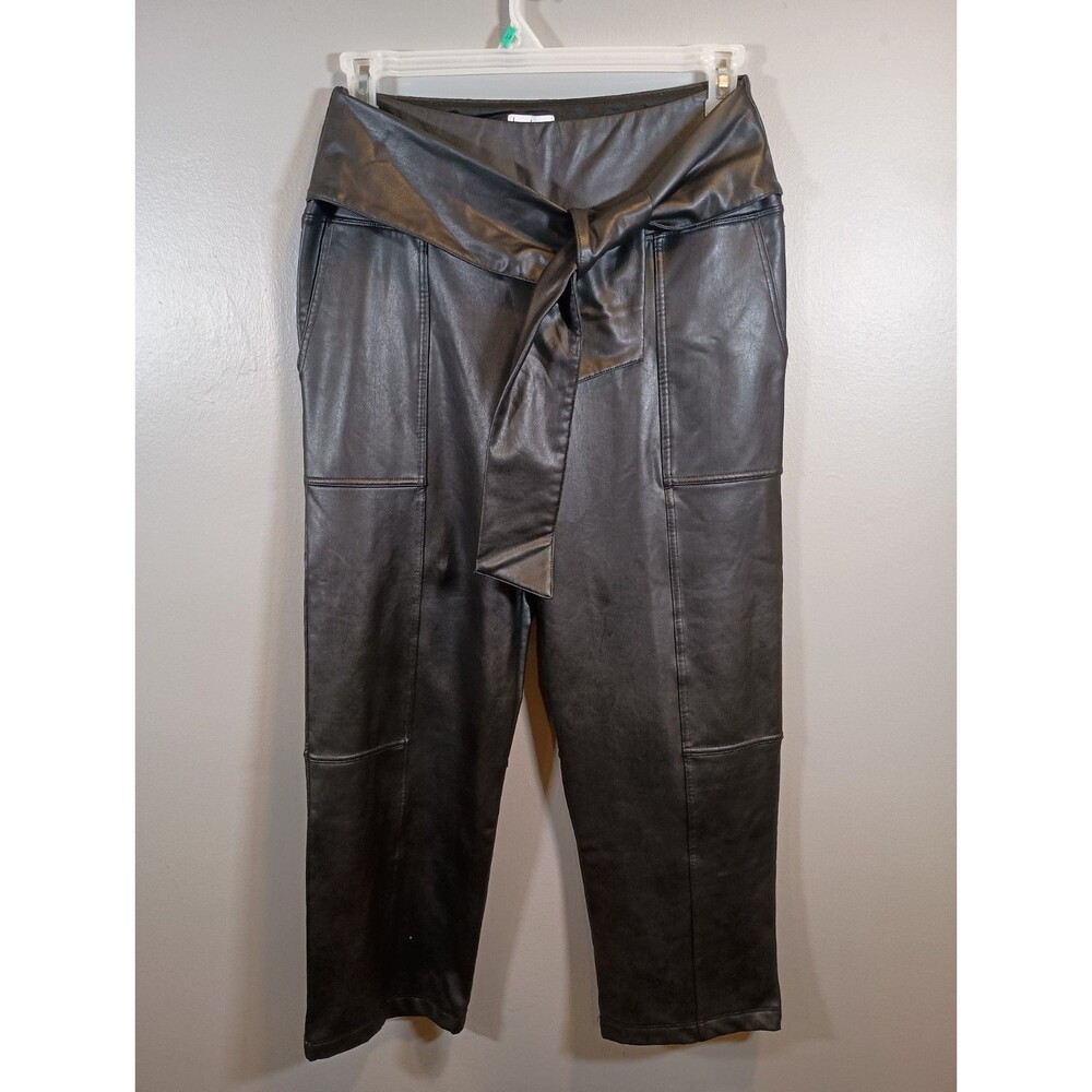 Nicole Miller Faux Leather Black Womens Stretch Tie Waist Belt Pants Size Medium